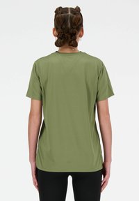 Olive green short-sleeve t-shirt with a relaxed fit, smooth texture, and a rounded neckline, featuring subtle horizontal ribbing.