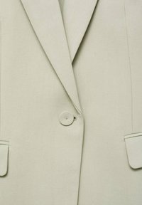 Světle zelený blazer s klopami, jednobotonovým zapínáním a dvěma předními kapsami. Hladká textura s strukturovaným designem.