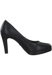 Escarpin noir à talons hauts en cuir lisse, avec un bout rond, une semelle plate-forme et un talon fin et effilé.