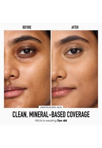 Zwei nebeneinander stehende Porträts mit unbearbeiteter Haut, die davor und danach mit mineralischer Abdeckung aufgenommen wurden. Im Nachher-Bild ist der Hautton gleichmäßig und glatt.