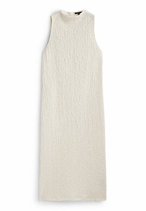 Robe ivoire sans manches, longueur au genou, en tissu texturé avec un col rond montant.