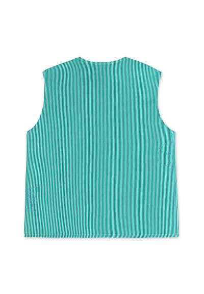 Sleeveless top in turquoise with vertical white stripes. Smooth texture, rounded neckline, and subtle side stitching detail.