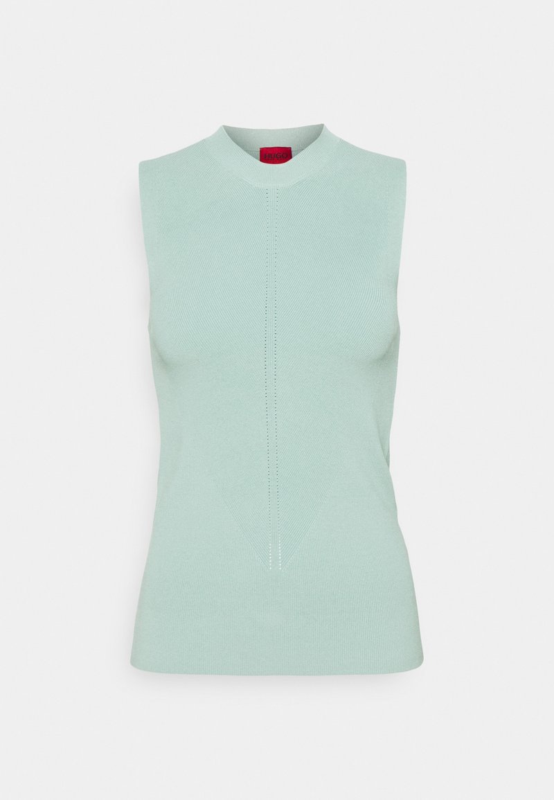 Haut en maille sans manches vert clair avec un col montant, présentant une couture centrale et une silhouette ajustée.