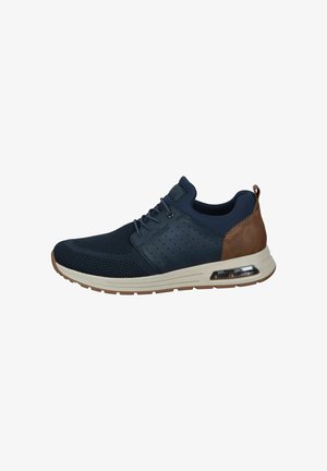 Navy mesh sneaker with brown leather accents, perforated upper, round toe, cushioned sole, and air cushioning in the heel.