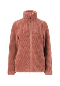 Fleece-takki vaaleanpunaisessa sävyssä, jossa on korkea kaulus, täysi etuvetoketju ja teksturoitu sahalaitakuosi koko kankaan päällä.