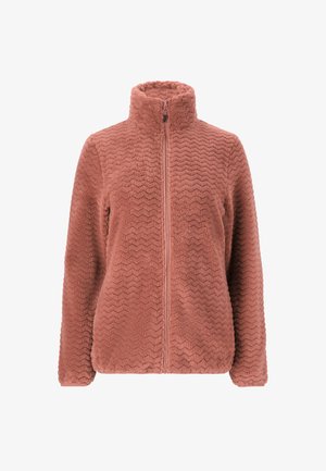 Fleecejacke in einem gedämpften Rosaton mit hohem Kragen, vollem Frontreißverschluss und einem strukturierten Zickzackmuster im gesamten Stoff.
