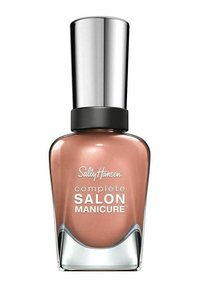 Sally Hansen kynsilakka lasipullossa, jossa on ruskeanpunainen sävy, hopeinen korkki ja valkoinen "complete SALON MANICURE" -teksti etupuolella.