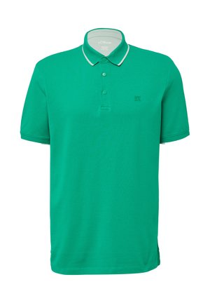 Grünes Poloshirt aus glattem Stoff, ausgestattet mit einem klassischen Kragen, einer Knopfleiste mit drei Knöpfen und kontrastierenden Besätzen entlang der Kragenkanten.