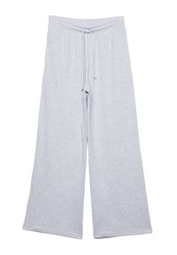 Lichtgrijze wijde broek van zacht, lichtgewicht stof. Beschikt over een elastische tailleband met een trekkoord voor een verstelbare pasvorm.