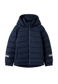 Marineblå polstret hættejakke med frontlynlås og reflekser på begge ærmer, som har sidelommer og elastiske manchetter.