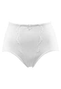 Hochgeschnittene weiße Baumwollunterwäsche mit Spitzenbesatz und einer kleinen Stoffschleife vorne, die eine glatte, dehnbare Textur aufweist.