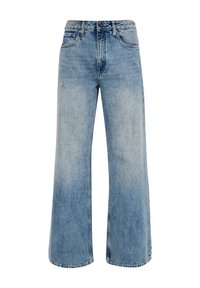 Ljusblå jeans i denim med hög midja och vida ben. Har blekta partier och en liten sliten detalj framtill.