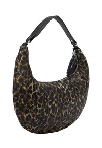 Leopardmønstret hobo-taske med en sort læderrem, lynlåslomme og blødt, tekstureret stof i nuancer af brun og sort.