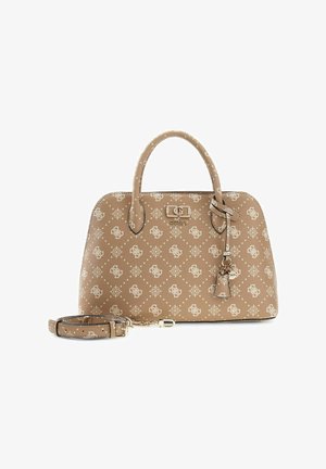 Sac à main Beige Guess avec motif monogramme, double poignées, bandoulière amovible et porte-clés décoratif suspendu.