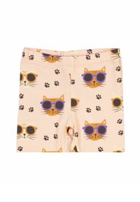 Ljusrosa leggings med ett upprepat mönster av tecknade katter som bär solglasögon, blandat med små tassenaftryck. Mjuk, elastisk tyg.