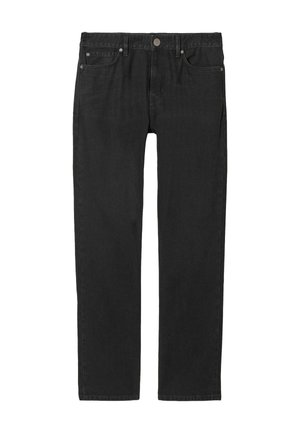 Schwarze Jeans mit geradem Bein, Knopfverschluss, Gürtelschlaufen und fünf Taschen auf weißem Hintergrund.