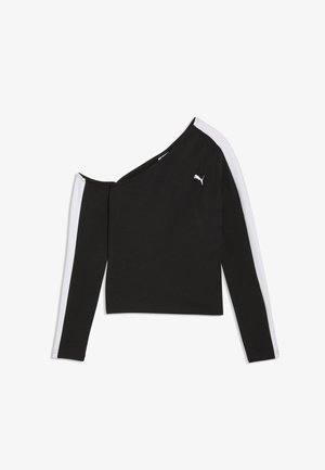 Top negro asimétrico de manga larga con un hombro descubierto, rayas blancas a lo largo de las mangas y un pequeño logo blanco de Puma en el pecho.