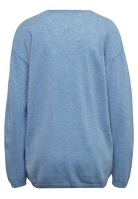 Hellblauer Pullover mit weicher Textur, oversized Design und gerippten Bündchen. Verfügt über einen runden Ausschnitt und einen lockeren Schnitt am Saum.