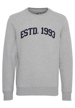 Grauer Pullover mit langen Ärmeln, gerippten Bündchen und Saum. Mit navyblauem gesticktem Text "ESTD. 1993" über der Brust. Aus weichem Baumwollmaterial.