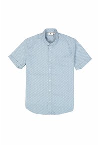 Lichtblauwe kortek-mouwshirt met een golvend patroon, knoopsluiting en een standaard kraag. Gemaakt van geweven stof met een gladde textuur.