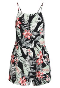 Rompers noirs à fines bretelles avec un imprimé floral tropical en rouge, vert et blanc. Tissu léger, coupe décontractée et longueur courte.