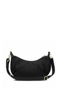 Borsa hobo nera con motivo intrecciato testurizzato, dotata di una sola tracolla regolabile, hardware dorato e chiusura superiore con zip.