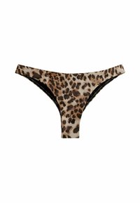 Bikini z panterkowym wzorem, z niskim stanem. Wykonane z gładkiego, elastycznego materiału. Posiada minimalistyczny krój i czarne wykończenia.