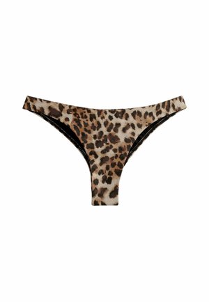 Bikini a vita bassa con stampa leopardata. Realizzato in un tessuto morbido e elasticizzato. Caratterizzato da un design minimalista e rifiniture nere.