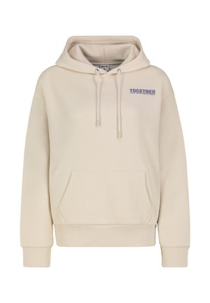 Cream-colored hoodie with a front pocket, drawstring hood, and "TOGETHER" printed in blue. Made of soft fabric with ribbed cuffs.
