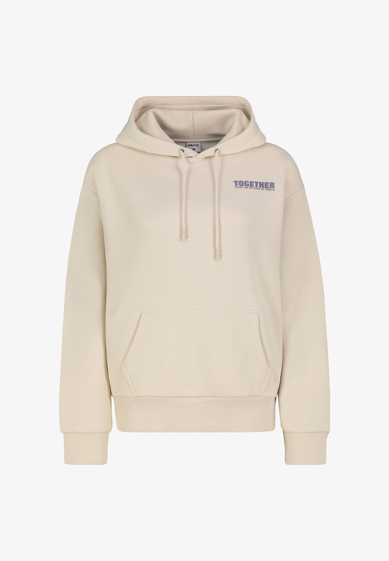 Crème-kleurige hoodie met een voorvak, een trekkoordkap en "TOGETHER" in het blauw gedrukt. Gemaakt van zachte stof met gebreide manchetten.