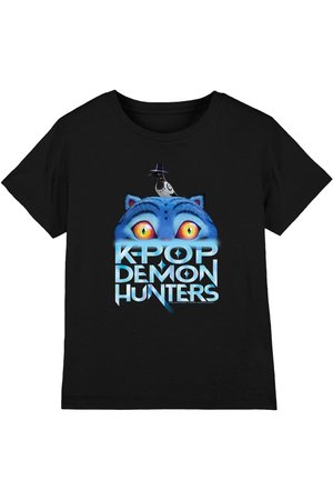 Black T-shirt with graphic of a large blue cat head with glowing yellow eyes and a small bird wearing a hat perched on its head, text "K-POP DEMON HUNTERS."