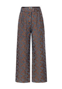 Bruine wijde leg broek met een blauw floral patroon en plooien, met een hoge taille en een verborgen sluiting aan de voorkant.