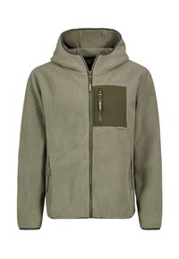 Fleece zip-up jack in een gedempt groen. Voorzien van een voorzak met een donkerder groene flap, zijzakken en een comfortabele capuchon. Gelaagd stof.
