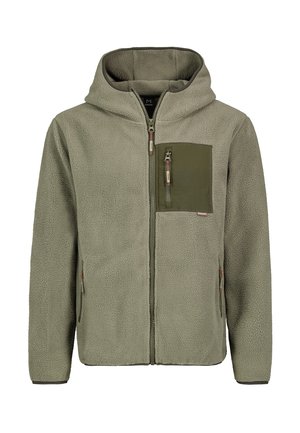 Fleece-Reißverschlussjacke in gedämpftem Grün. Verfügt über eine Fronttasche mit einem dunkleren grünen Klappenverschluss, Seitentaschen und einer gemütlichen Kapuze. Strukturierter Stoff.