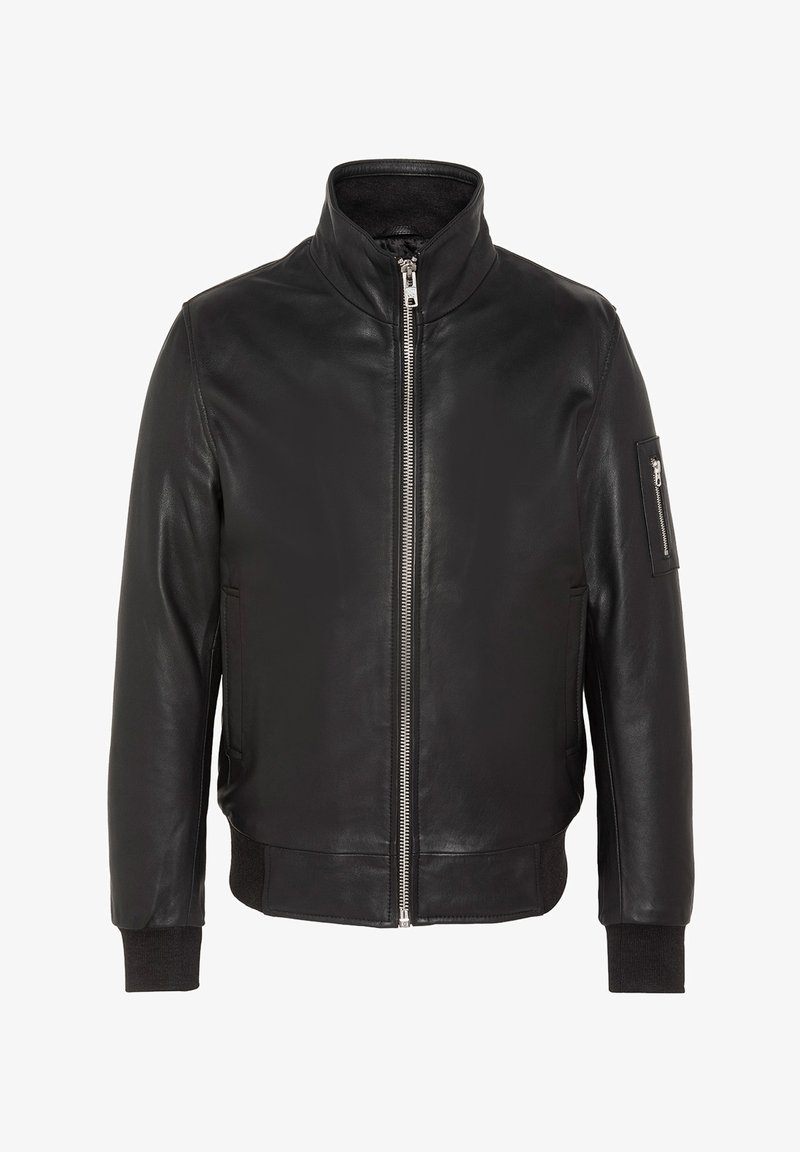 Blouson en cuir noir avec fermeture éclair devant, col montant, poignets et ourlet côtelés, et poche zippée sur la manche gauche.