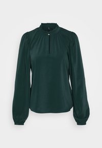 Dark green blouse with a high ruffled neckline, keyhole opening, and long puffed sleeves. Made from a smooth, lightweight fabric.
