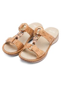 Brune kork kile-sandaler med justerbare remme og dekorative pink og brune perler på den øverste rem.