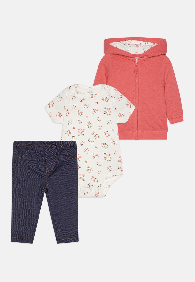 Three-piece children's outfit: coral zip-up hoodie, floral-patterned bodysuit, and dark blue elastic-waist pants with faux pockets.
