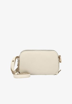 Cream leather crossbody bag with zip closure, adjustable strap, and embossed logo. Smooth texture and minimalistic rectangular design.