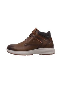 Bottes de cheville en cuir marron avec un col rembourré, un design à lacets, des accents en synthétique et une semelle en caoutchouc. Elles possèdent une membrane imperméable.