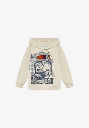 Cremefarbener Hoodie mit einem Tiger, der einen karierten Fliegerhelm und orangefarbene Schutzbrille trägt, mit dem Text "Akrobatikteam" darunter.