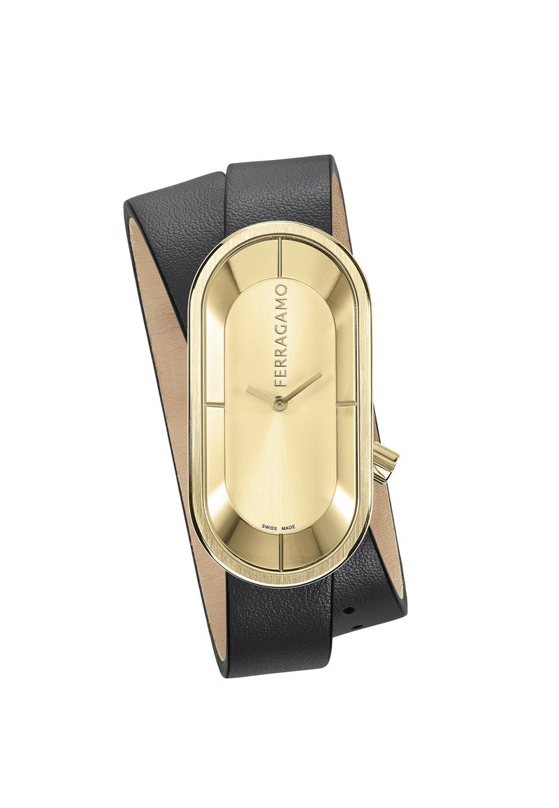 Goldener ovaler Uhr mit einem strukturierten schwarzen Lederarmband und einer glatten Lederunterseite. Verfügt über Stunden- und Minutenzeiger sowie das Branding "Ferragamo".