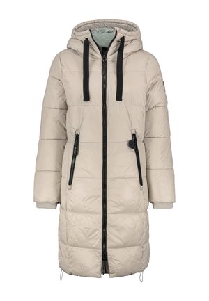 Beige langer Puffer-Mantel mit Kapuze, schwarzem Reißverschluss und Kordelzügen, seitlichen Reißverschlusstaschen und gerippten Bündchen an den Ärmeln.
