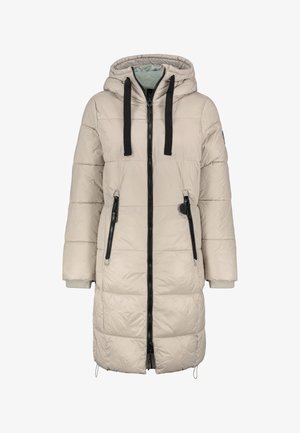 Beige langer Puffer-Mantel mit Kapuze, schwarzem Reißverschluss und Kordelzügen, seitlichen Reißverschlusstaschen und gerippten Bündchen an den Ärmeln.
