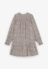 Vestido beige de manga larga con escote fruncido y patrón de leopardo negro y marrón, puños fruncidos y dobladillo acampanado.