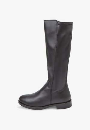 Fekete bőr, térdig érő cipő sima textúrával, lekerekített orral és minimális varrással. Lapos talppal és elegáns dizájnnal rendelkezik.