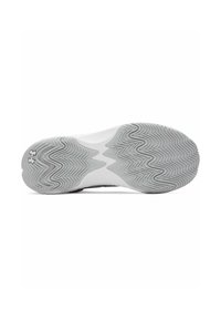 Shoe sole with a wavy pattern in light grey rubber, featuring a white midsole. Distinct logo embossed on the heel area.