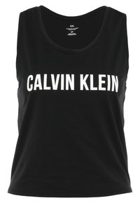 Sort ærmeløs tanktop med hvid "CALVIN KLEIN" tekst centreret på brystet, rund halsudskæring og lille mærkelabel indeni kraven.