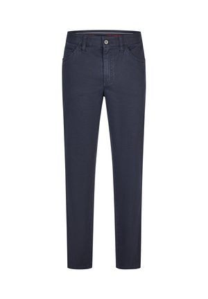 Dark blue slim-fit men's trousers with front pockets, belt loops, and a button closure.