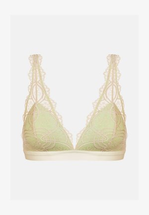 Kanten bralette in lichtgroen met bloemenpatroon, voorzien van een diepe V-halslijn en geschulpte randen. Zachte onderband in een gladde, romige tint.